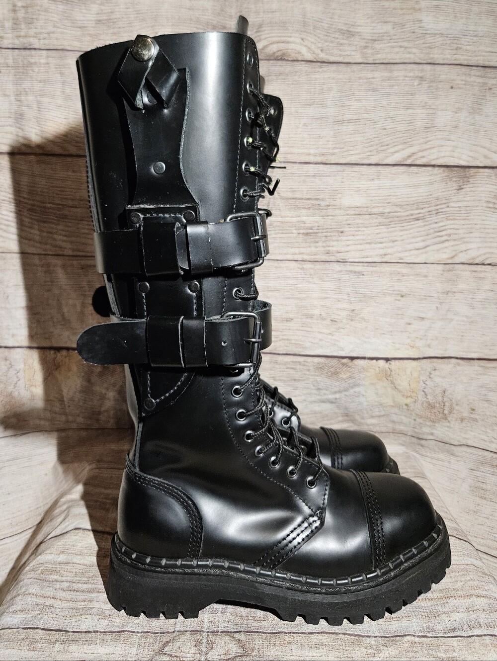 Vintage Demonia Predator Black Leather Buckle Knee High Lace Up Steel Toe Boots